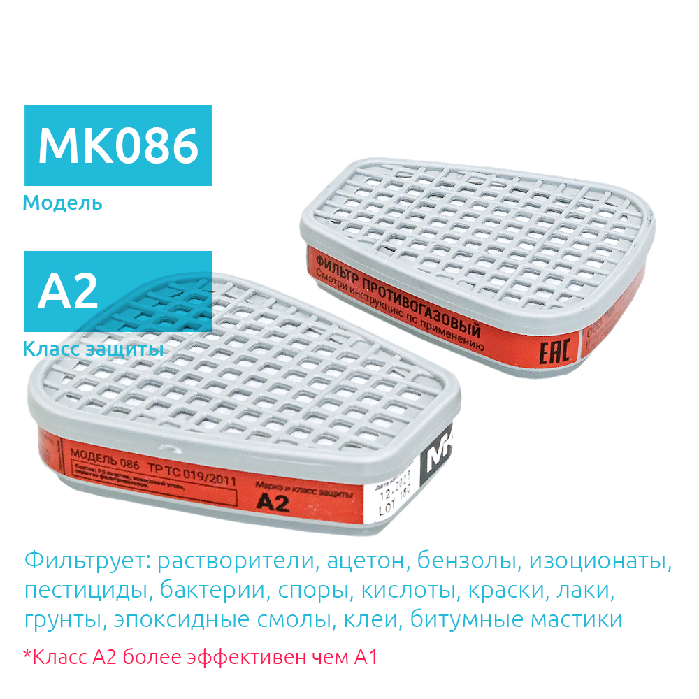 MK 086-6055 Фильтр для маски класс А2 противогазовый угольный, 2 шт